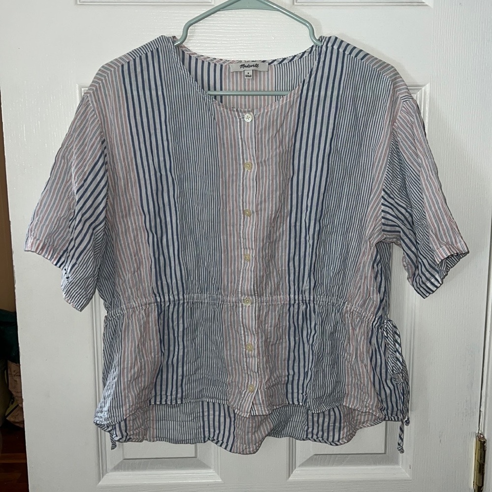 Madewell Stripe Drawstring Side Button Down Top S… - image 2
